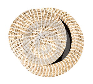 Top view of moroccan basket with ajar lid isolated