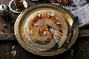 Top view of morrocan pie on copper plate