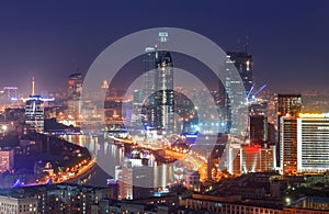 Top view of Moscow city skyline at night