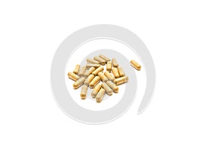 Top view mound of horny goat weed extract in easy to swallow capsules isolated on white background