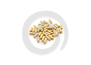 Top view mound of horny goat weed extract in easy to swallow capsules isolated on white background