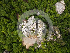 Top view of mountain green summer forest and lonely rock