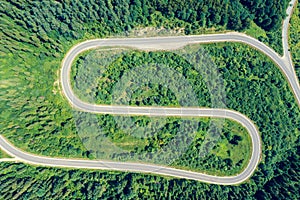 Top view of a mountain winding road in summer