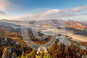 Top view of the mountainous landscape in autumn