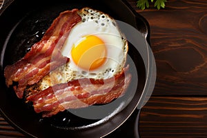 Top view of a mouthwatering fried egg sizzling alongside crispy bacon in a frying pan