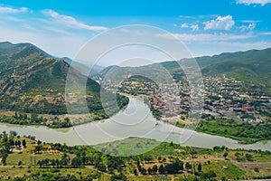 The top view of Mtskheta, Georgia. The historical town lies at the confluence of the rivers Mtkvari and Aragvi. Georgian