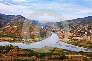 The Top View Of Mtskheta, Georgia, The Old Town Lies At The Confluence Of The Rivers Mtkvari And Aragvi