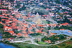 The Top View Of Mtskheta, Georgia, The Old Town Lies At The Confluence Of The Rivers Mtkvari And Aragvi and monastery