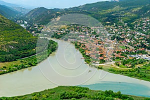 The Top View Of Mtskheta, Georgia, The Old Town Lies At The Confluence Of The Rivers Mtkvari And Aragvi. Svetitskhoveli Cathedral
