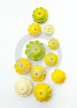 Squash vegetable. Group of green and yellow pattypan.