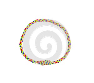 Top view multicolored bangle braided knit patterns isolated on white background with clipping path blue,green,orange,red,yellow