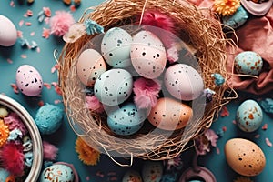 Top view of multicolored eggs in wicker basket and feathers pastel toned. Easter card. Generative AI