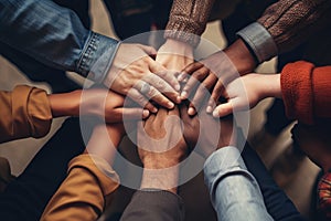 Top view of multiethnic group of young people holding hands together, A group of diverse hands together joining concept, captured