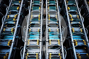 top view of multiple database servers stacked in a rack at data center