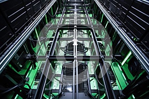 top view of multiple database servers stacked in a rack at data center