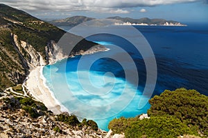 A top view at Myrtos Beach and fantastic turquoise and blue Ionian Sea water. Aerial view, summer scenery of famous and