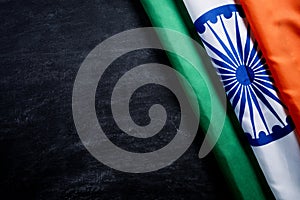 Top view of National Flag of India on blackboard background. Indian Independence Day