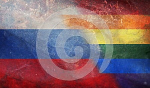 Top view of national lgbt retro flag of Russia with grunge texture, no flagpole. Plane design, layout. Flag background. Freedom