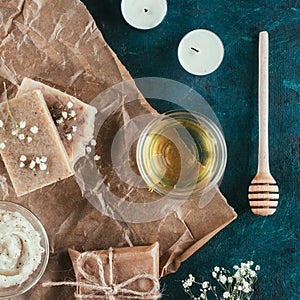 top view of natural soap and oil for spa