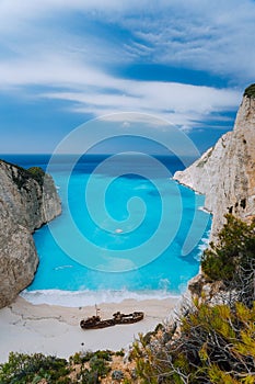 Top view of Navagio Shipwreck Beach on Zakynthos island, Greece. Famous attraction landmark must-see place visit in