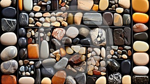 Top view of a neatly organized stones storage box. Collection of rocks and minerals