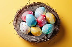 Top view of nest with colorful eggs on yellow background