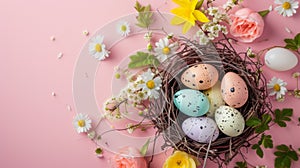 Top view of nest with Easter eggs and flowers
