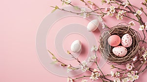 Top view of nest with Easter eggs and flowers