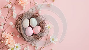 Top view of nest with Easter eggs and flowers