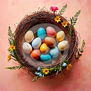 Top view of nest with Easter eggs and flowers, pastel colors