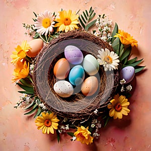 Top view of nest with Easter eggs and flowers, pastel colors