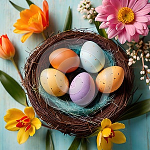 Top view of nest with Easter eggs and flowers, pastel colors