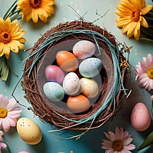 Top view of nest with Easter eggs and flowers, pastel colors