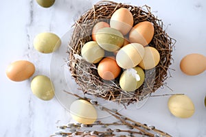 Top view of a nest of twigs inside with yellow, green and light green easter eggs