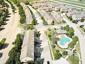 Top view new apartment building with pool near interstate 635 highway suburbs Dallas