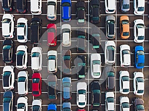 Top view of new cars lined up outside an automobile factory for import export.