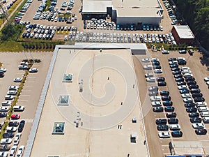 Top view of new cars lined up outside an automobile factory for import export.