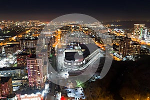 Top view of night modern city. Bright lights of the night streets. Ekaterinburg. Russia