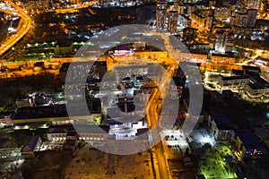 Top view of night modern city. Bright lights of the night streets. Ekaterinburg. Russia