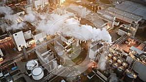 Top view at night on an oil and gas tank with a top view on the background of an oil refinery at night, Business petrochemical