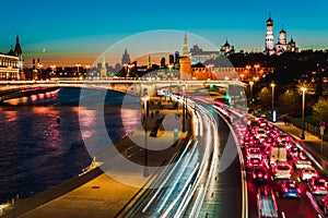 Top view of night wintry Moscow, the Kremlin, Big Stone bridge and Prechistenskaya embankment and Moscow river, Russia