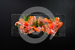 Top view of a Nordic dish Gravlax or gravlaks