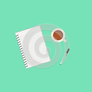 Top view of noteboo,cup of coffee and pen vector illustration in flat style. top view of empty blank notebook. coffee and pen on