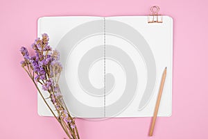 Top view of notebook and violet flower on pink background