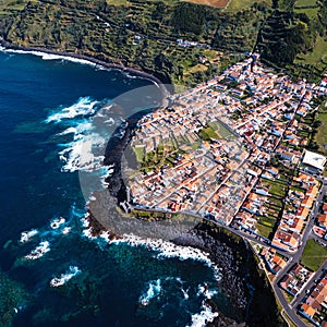 Top view the ocean surf on reefs coast in Maia city of San Miguel island, Azores