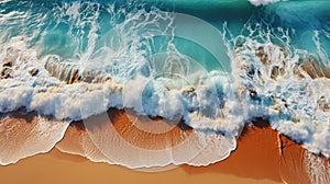 Top view of ocean waves on sandy beach landscape. Beautiful seascape background. Generative AI