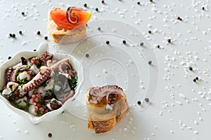 Top view of octopus salad with slices of toasted baguette - bruschetta on white background with black pepper and sea salt.