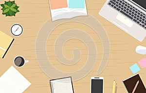 Top View of Office Book Stationery on Work Desk with Copy Space