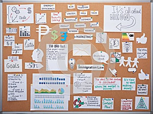 Top view of office brainstorm board with cards.