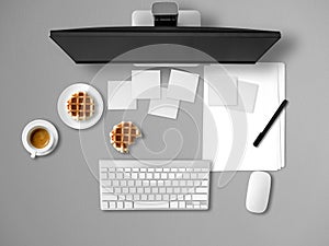 Top view of office desk with document papers.